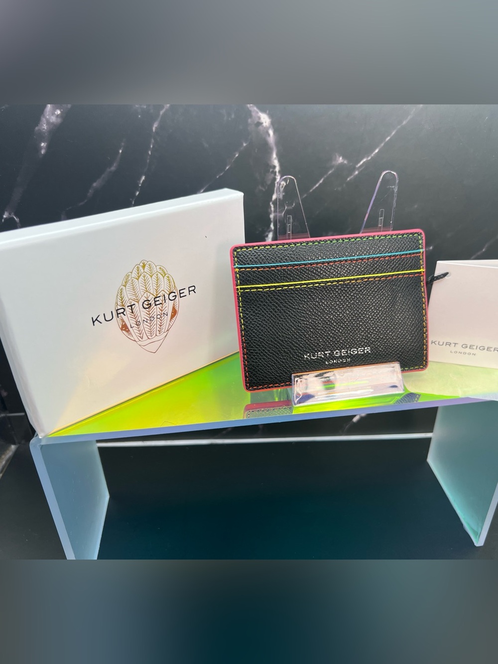 Kurt Geiger Richmond Black Leather Card Holder w/Rainbow Stitching and Pink Trim